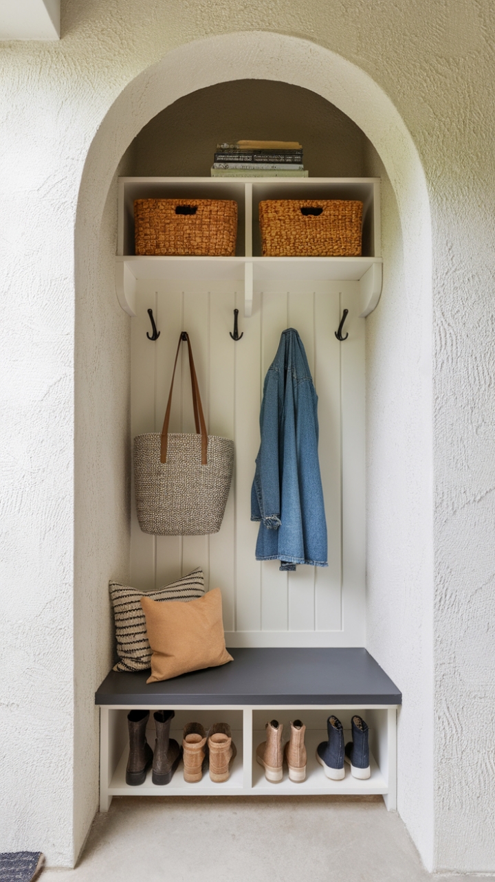 Stylish Mudroom Solution for Narrow Foyers with Textured Walls