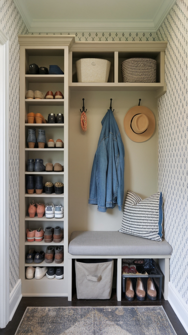 Charming Compact Entryway with Wall-Mounted Mudroom and Patterned Wallpaper