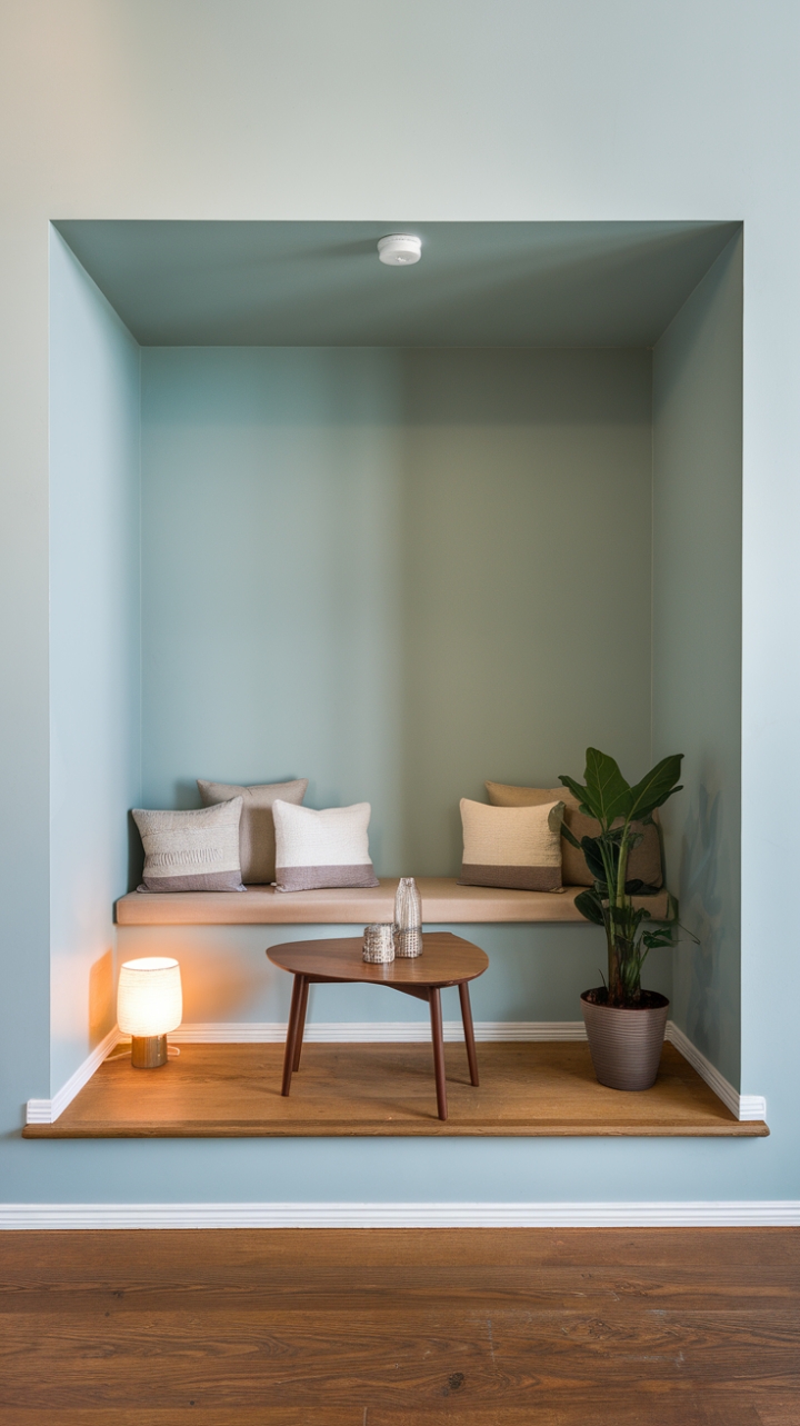 Serene Blue Nook with Warm Wooden Accents