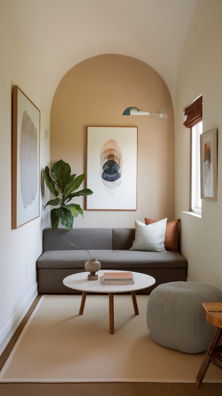 Inviting Living Space with Warm Lighting and Artistic Flair