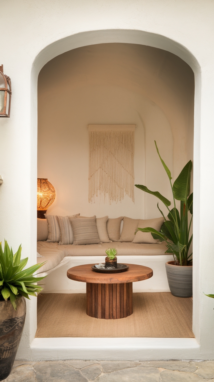Serene Living Nook with Beige Sofa and Green Accents