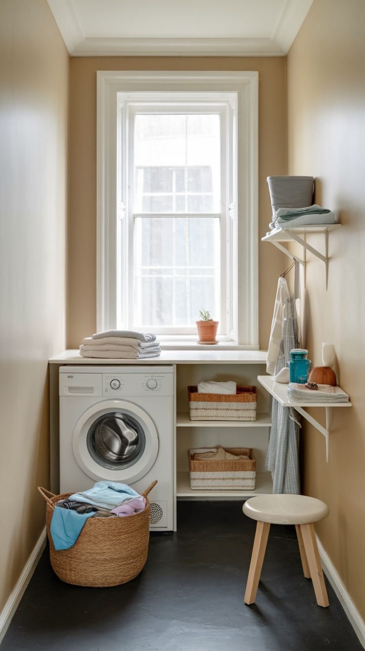 Warm and Inviting Laundry Space with Beige Walls and Dark Flooring