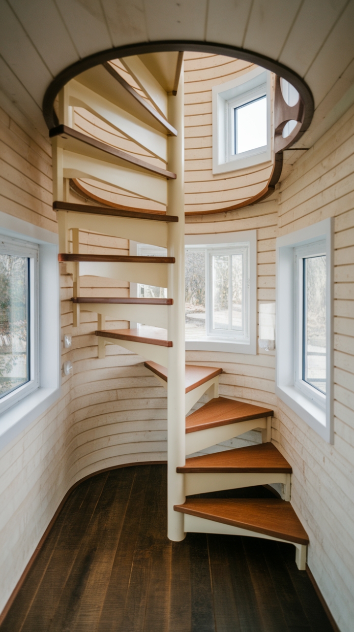 Elegant Wooden Spiral Staircase Enhances Tiny House Charm