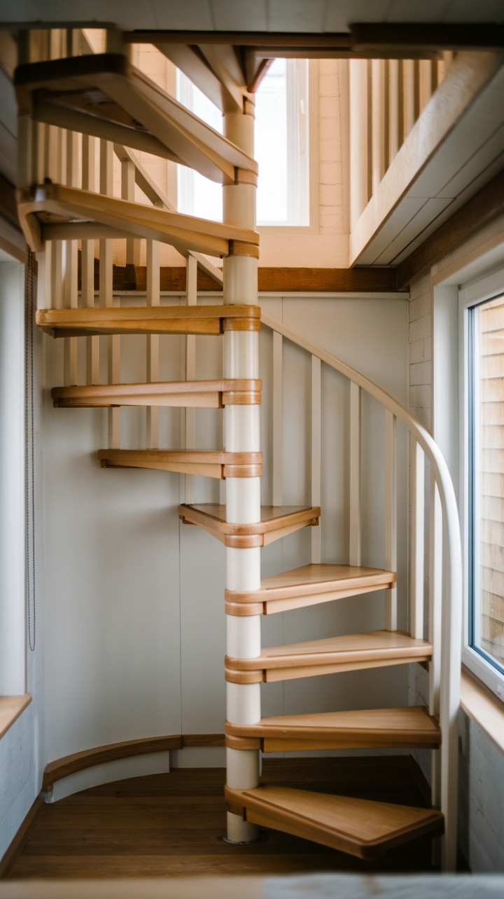 Space-Saving Wooden Spiral Staircase Enhances Tiny Home Charm