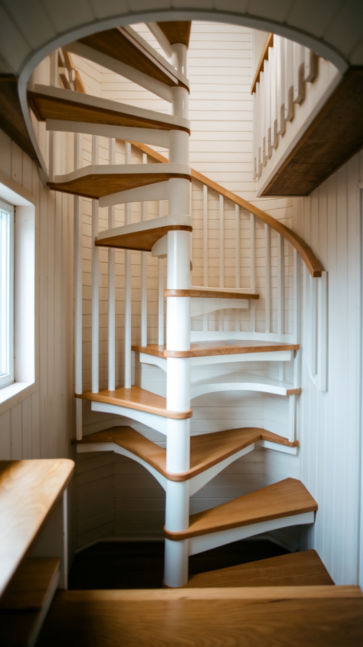Charming Wooden Spiral Staircase Maximizes Tiny Space
