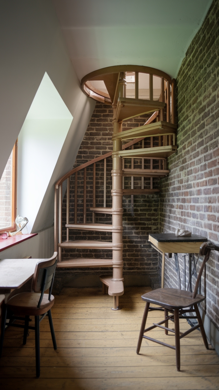 Elegant Winding Staircase Enhances a Warm, Brick-Walled Space