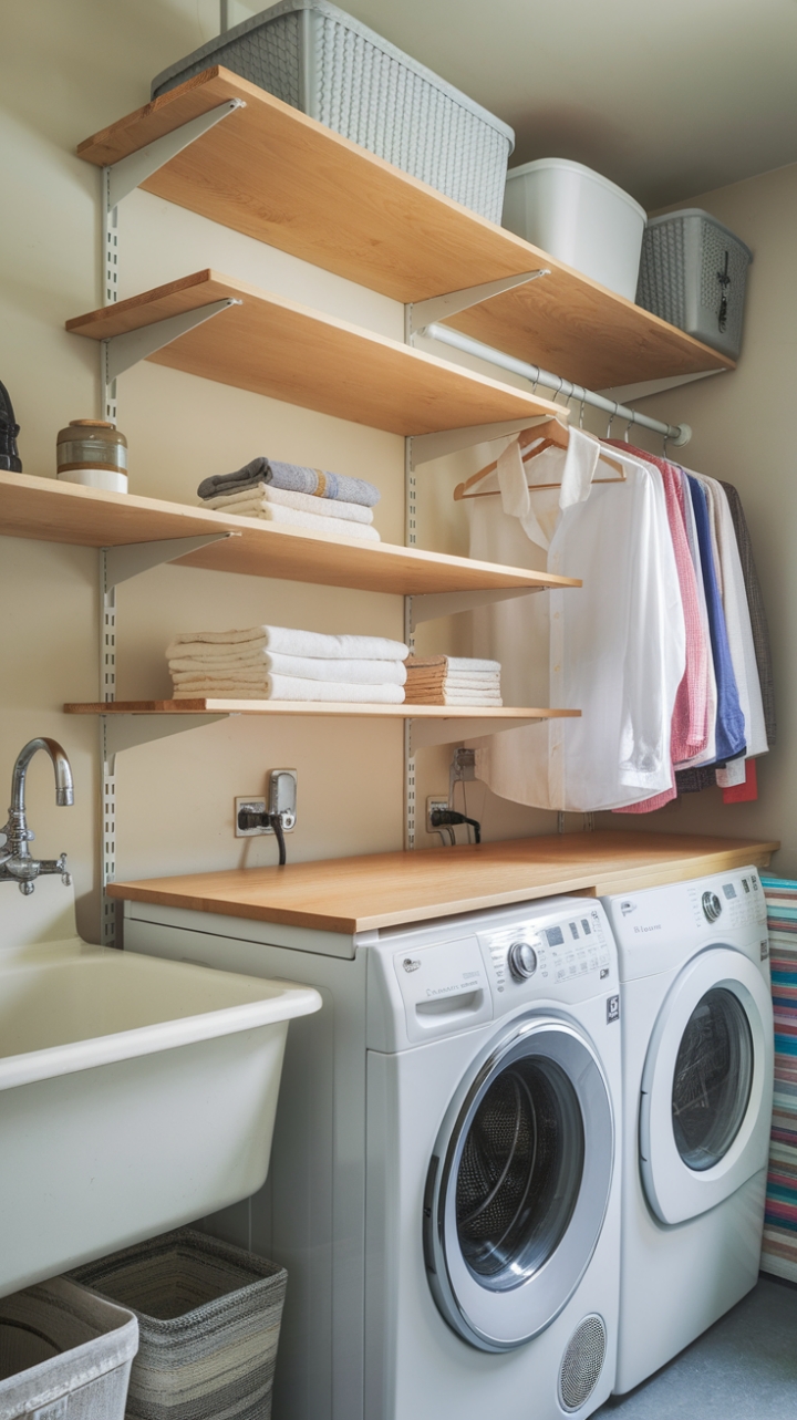 Stylish Wooden Laundry Shelf with Hanging Rods and Utility Sink