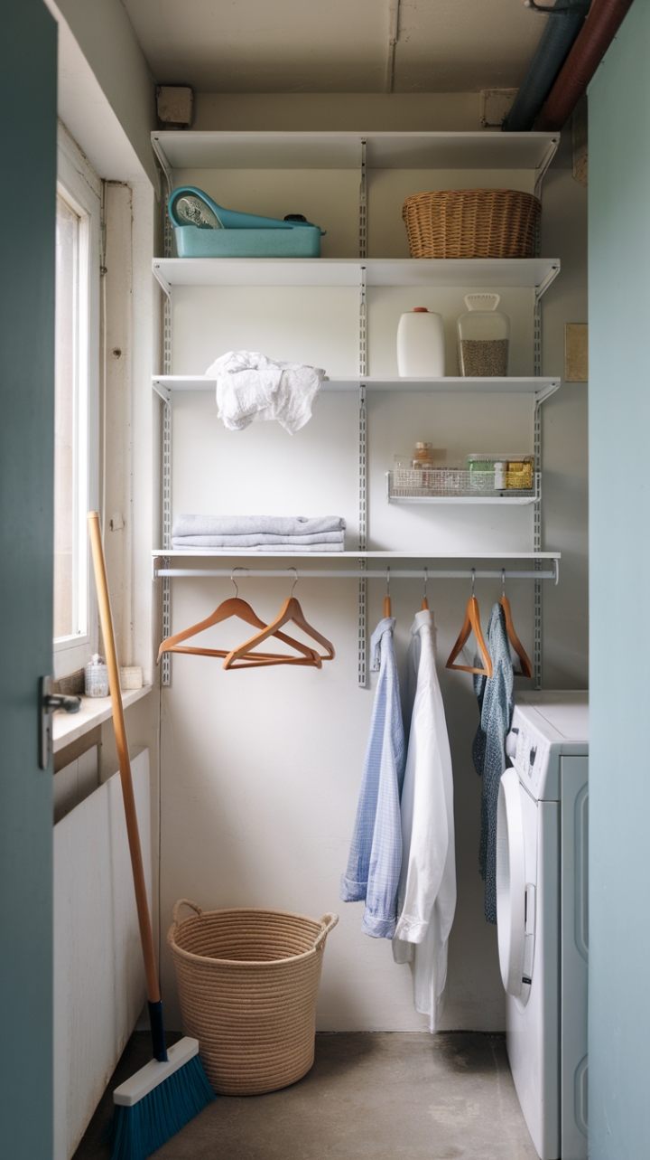 Space-Saving Laundry Area with Open Shelves and Hanging Rods