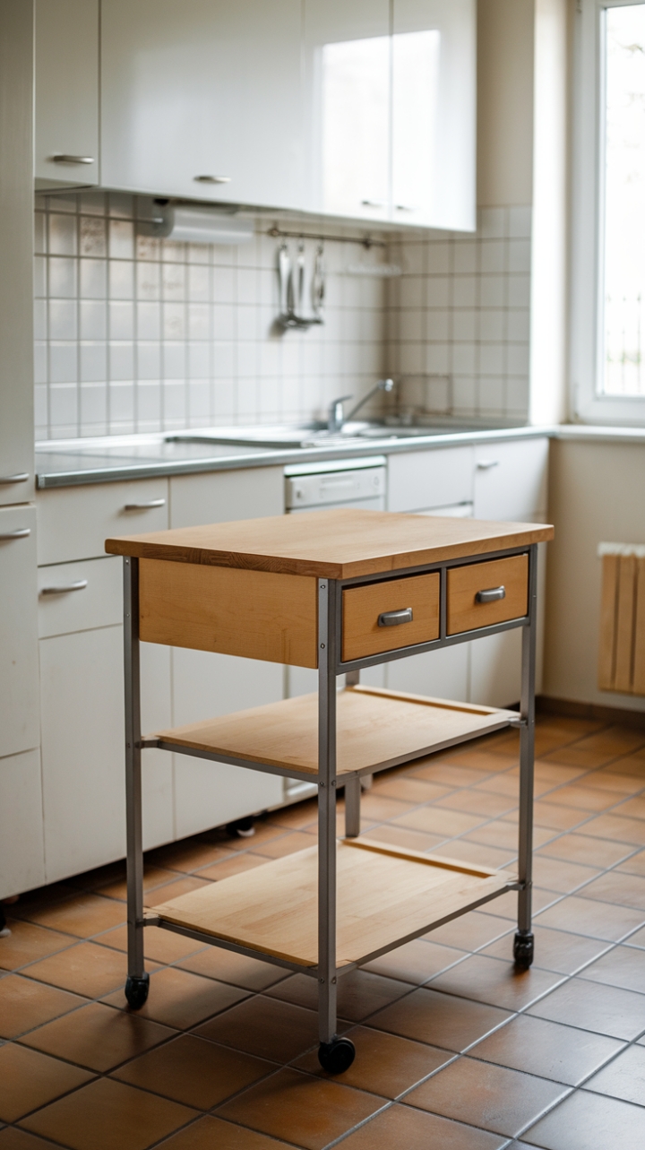 Streamlined Kitchen Efficiency with a Portable Wooden Surface and Metal Frame
