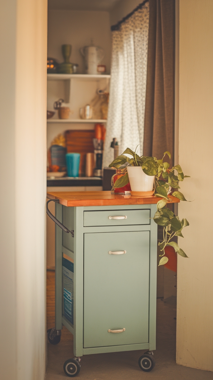 Stylish Rolling Kitchen Cart with Warm Decor Accents