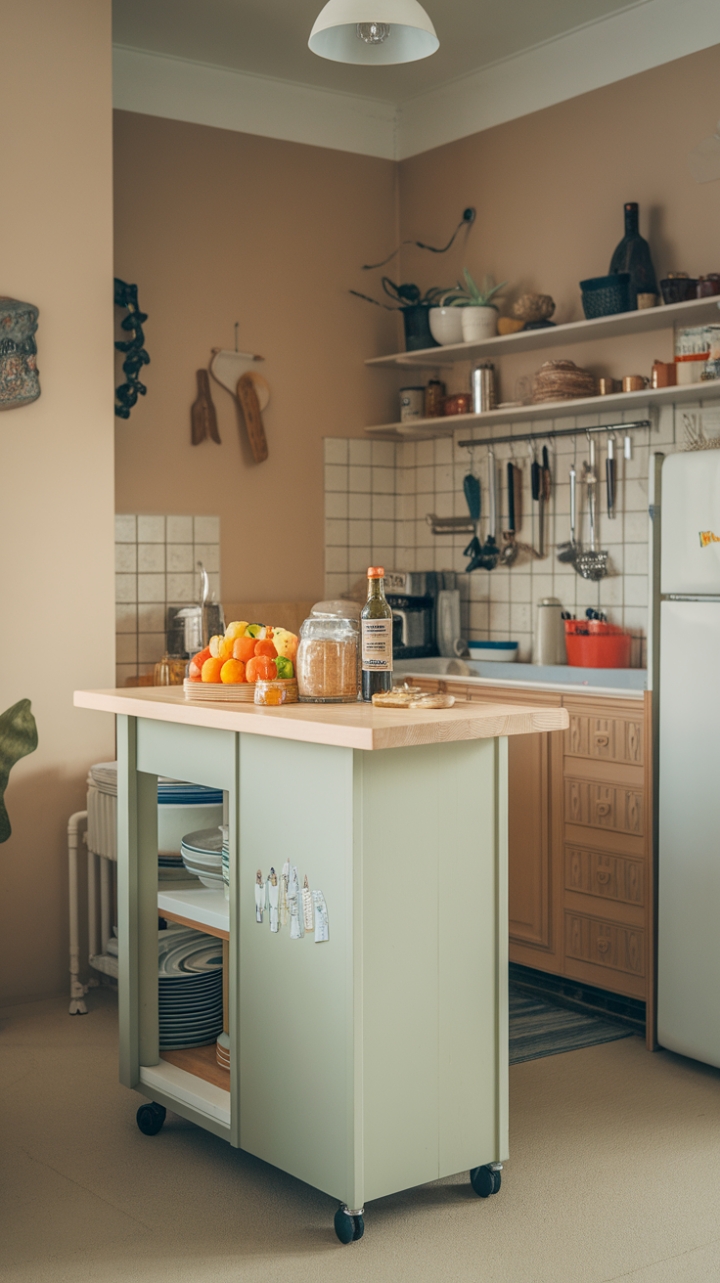 Cozy Wooden-Topped Rolling Kitchen Solution