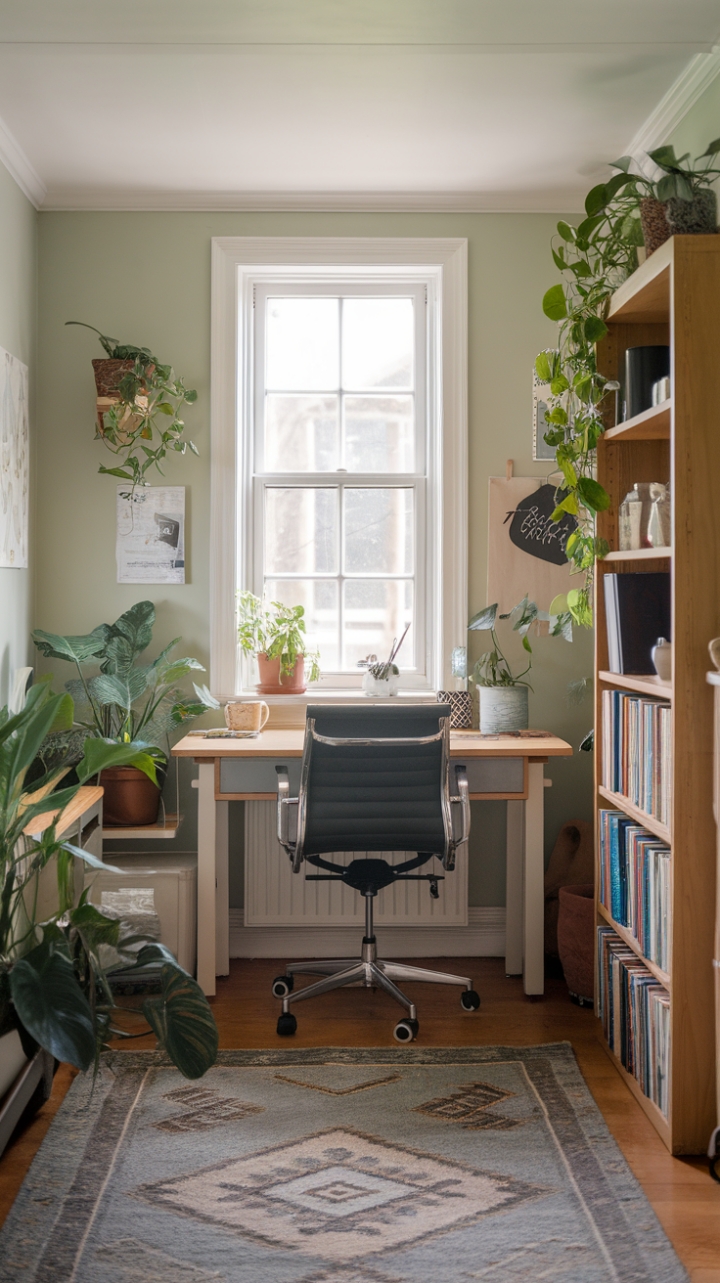 Serene and Stylish: A Bright, Greenery-Infused Home Office