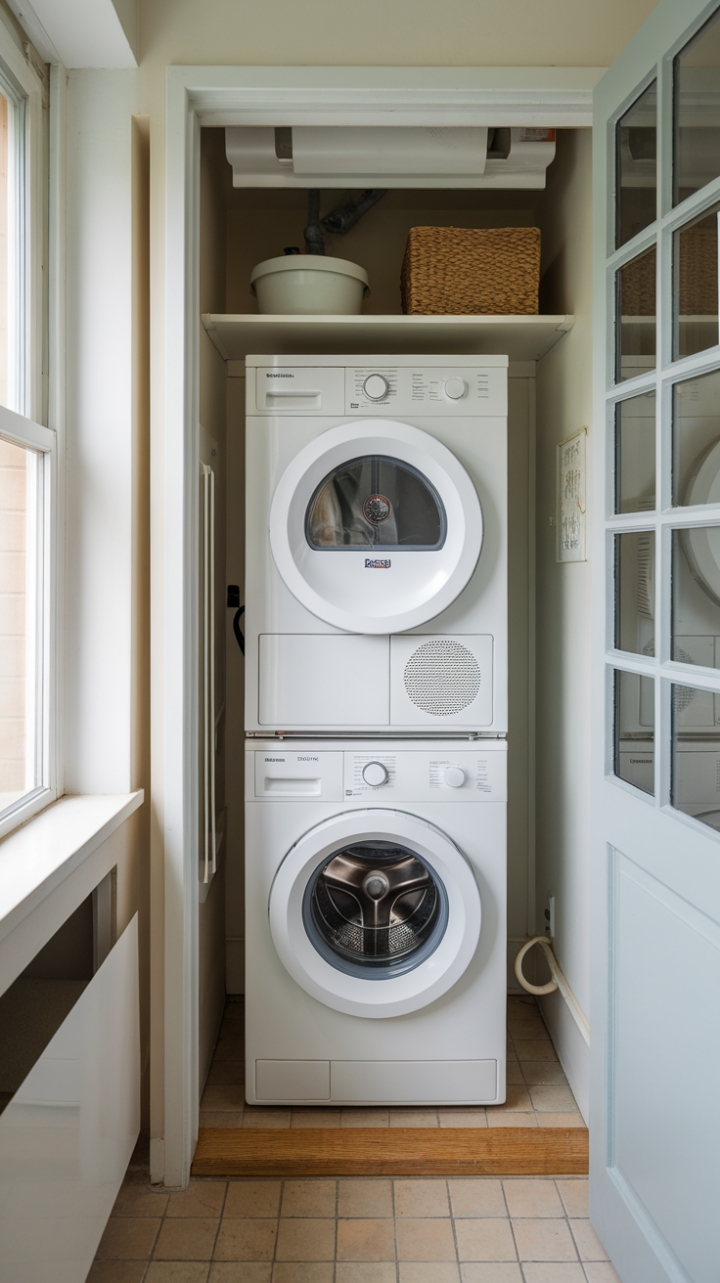Modern Space-Saving Laundry Area with Open Shelf and Tiled Floor