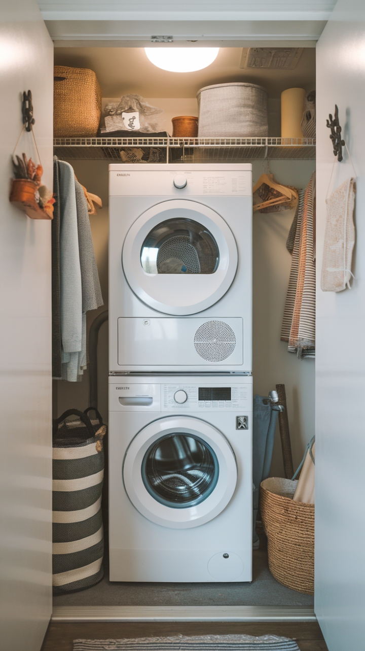 Stylish Space-Saver: Compact Laundry Nook with Bright Lighting
