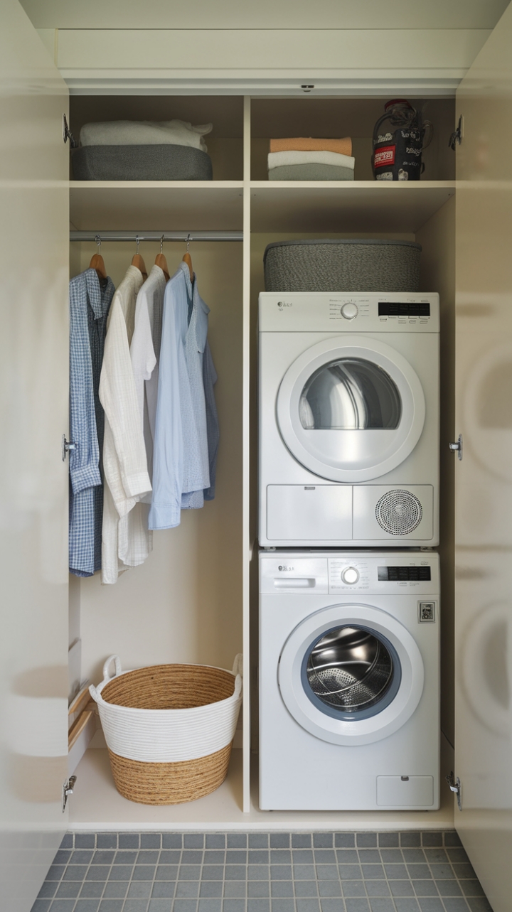 Efficient Utility Room with Stacked Washer and Dryer and Clever Storage