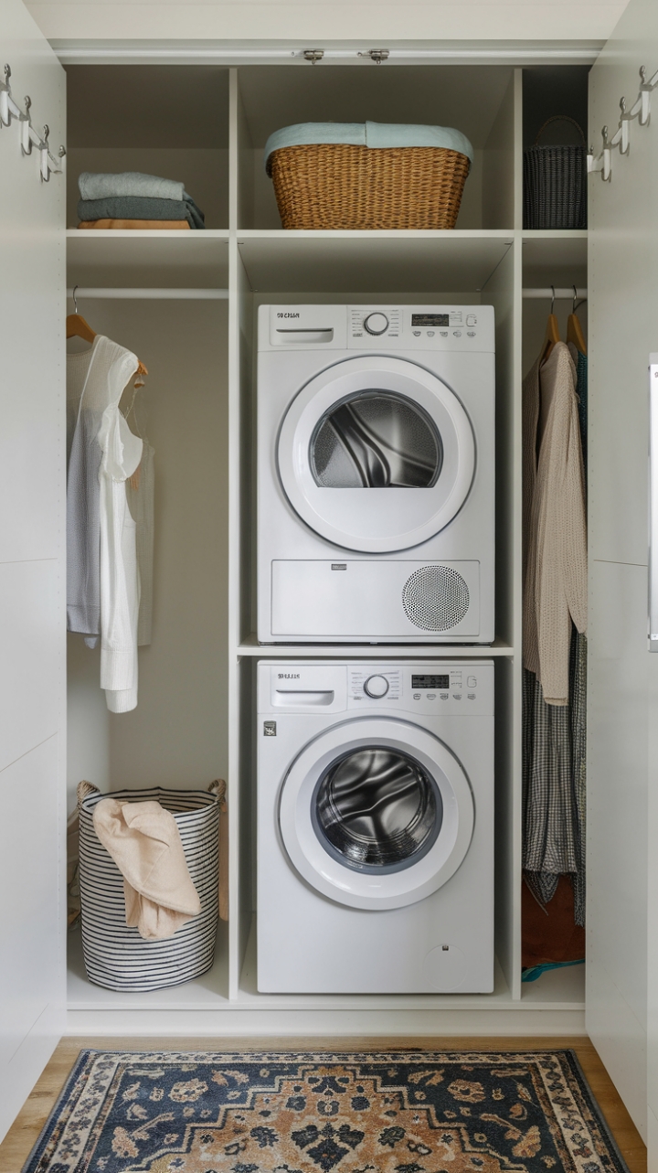 Smart Closet Laundry Nook with Patterned Rug and Storage