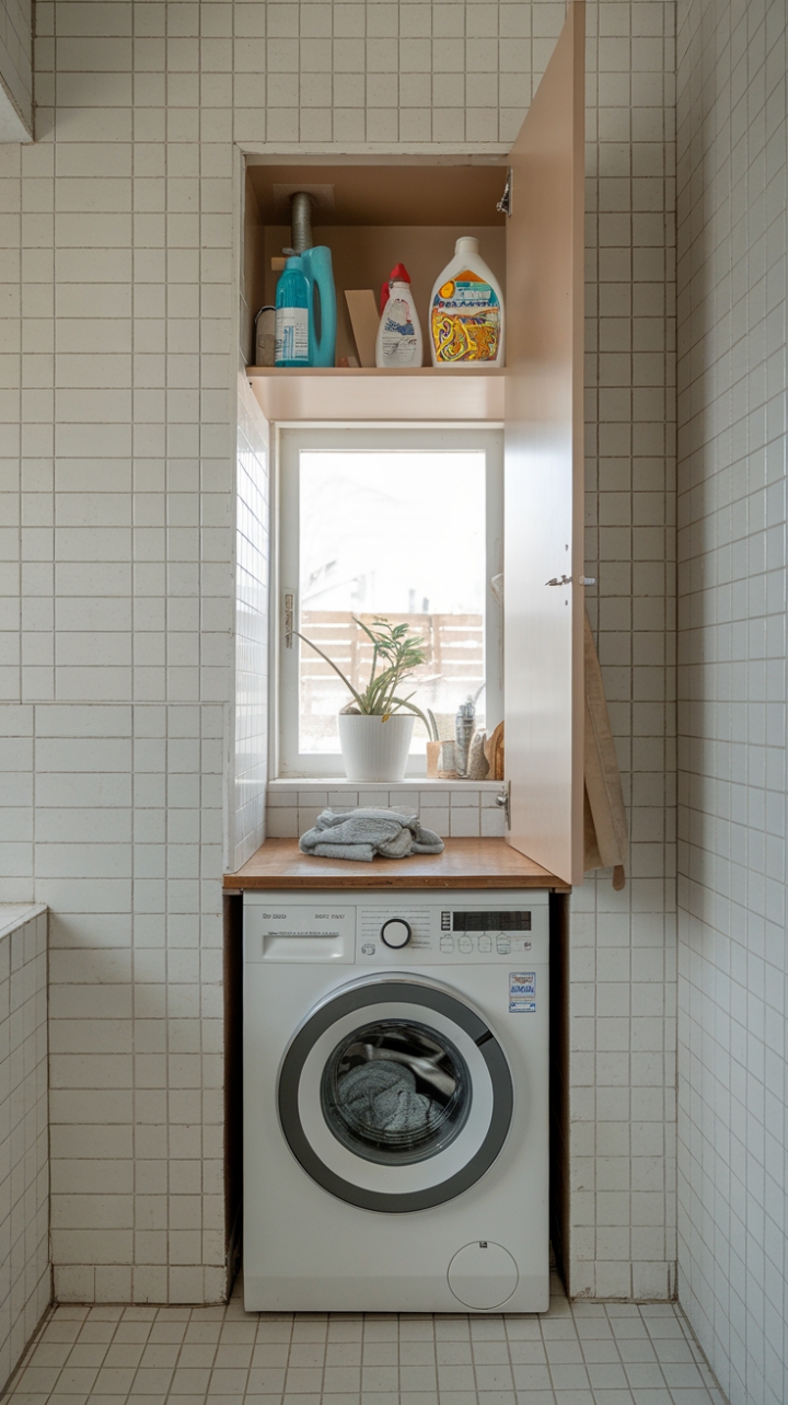 Efficient Laundry Room Storage with a Narrow Cabinet and Charming Details