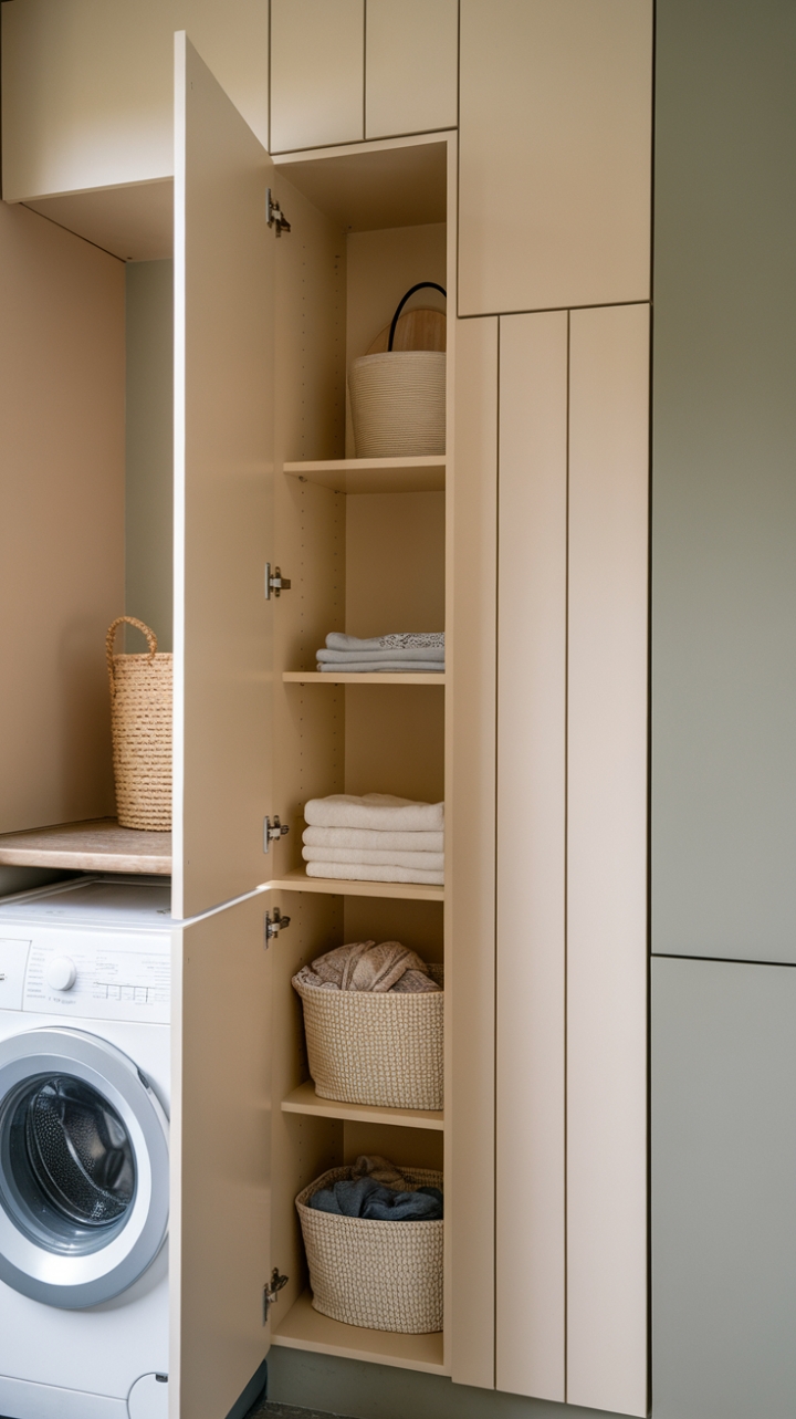 Sleek Narrow Laundry Cabinet Enhances Compact Space