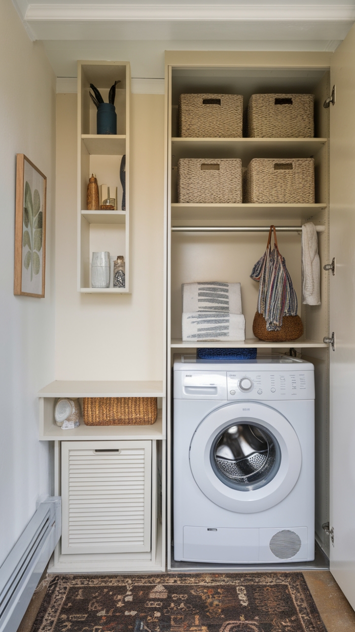 Stylish Simplicity: Maximizing Space in a White-Walled Utility Area