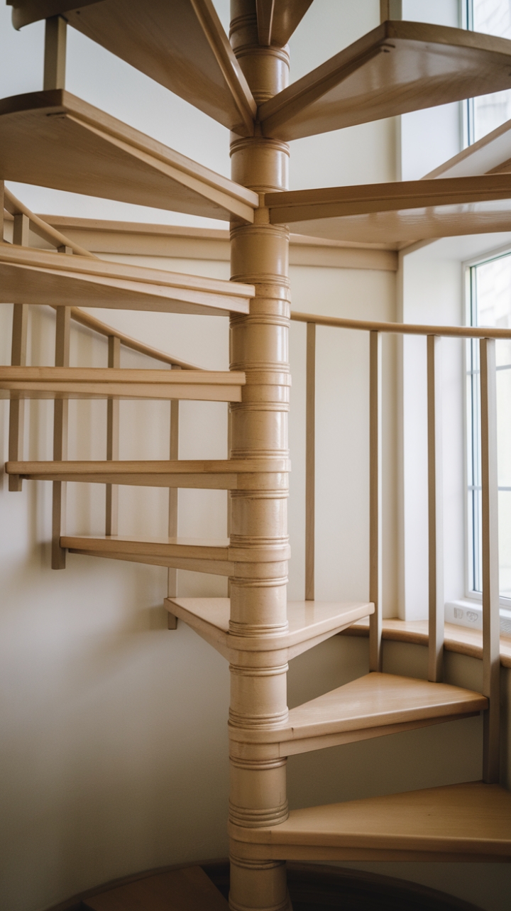 Elegant Wooden Spiral Staircase Enhances Loft Space