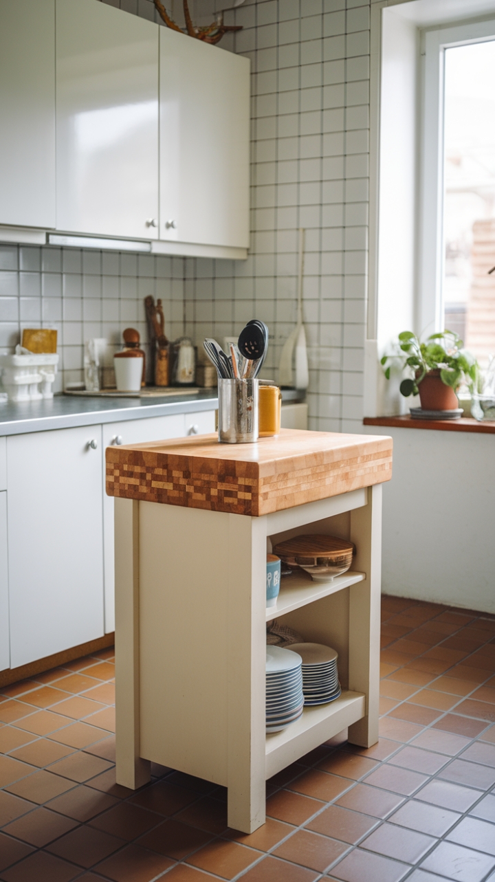 Charming Narrow Kitchen Island with Warm Butcher Block Top