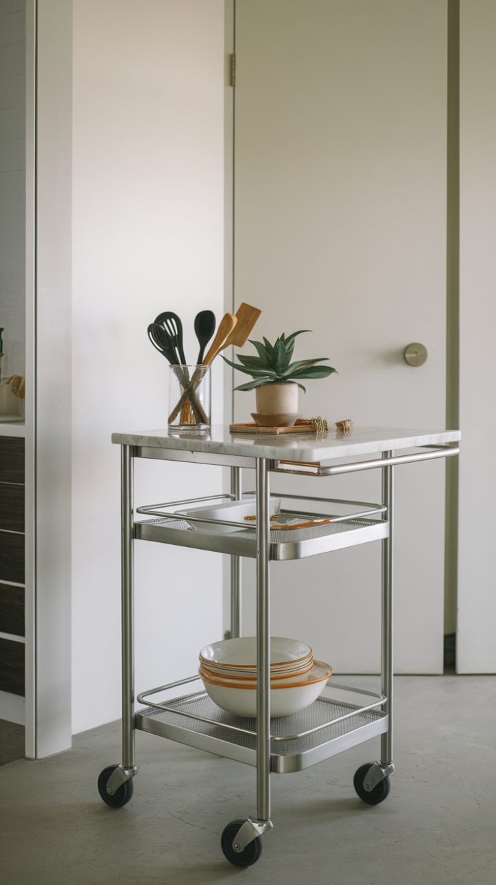Chic Compact Kitchen Island with Marble Top and Rolling Cart