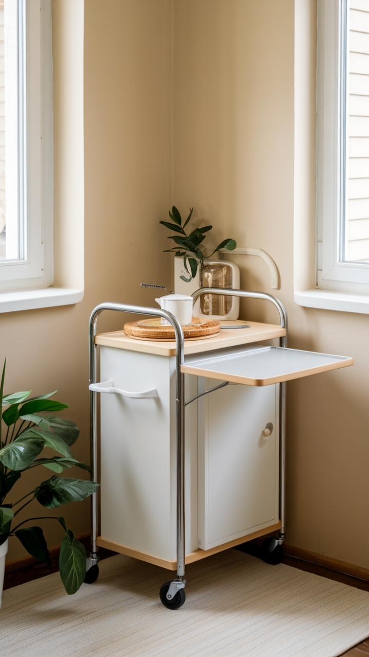 Compact White Cart with Storage and Green Touch