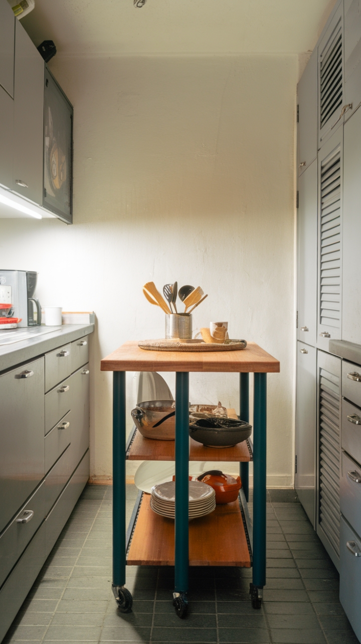 Compact Kitchen Design with Wooden Countertop and Bright Lighting