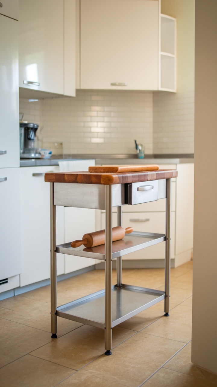 Compact Kitchen Island with Warm Wood Top and Sleek Steel Frame