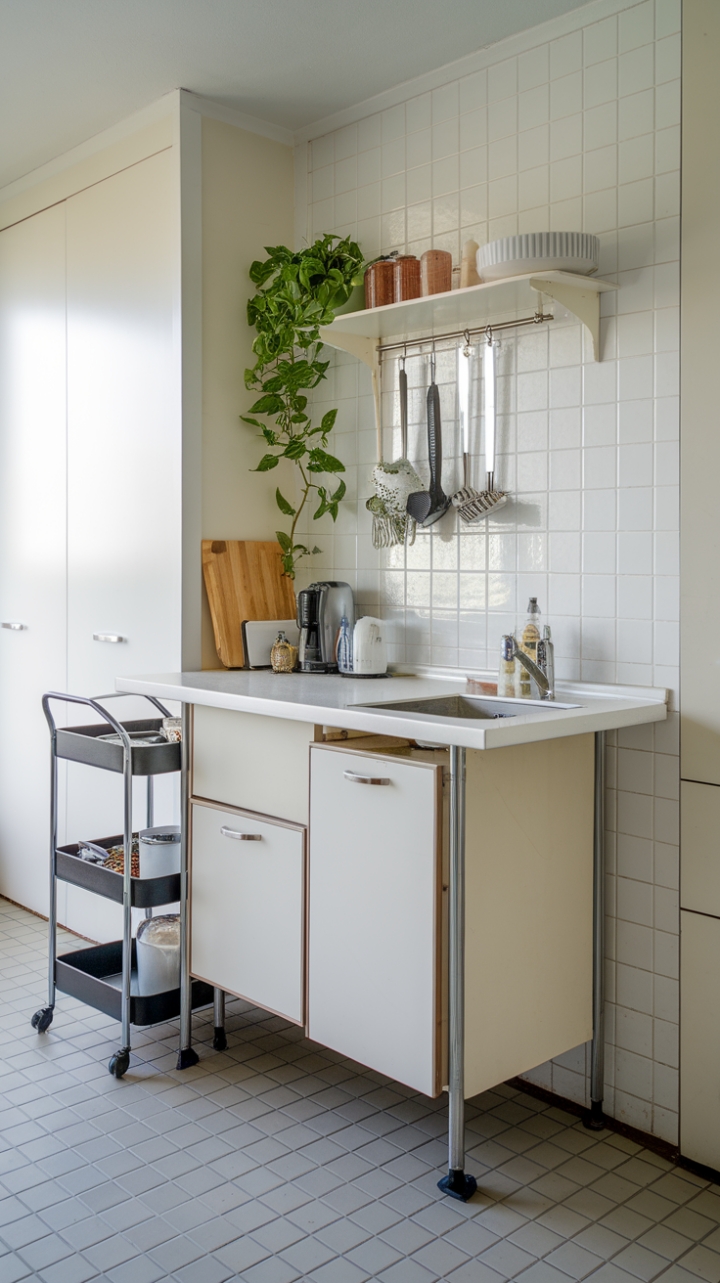 Space-Saving Style: White Island with Rolling Cart and Green Touches