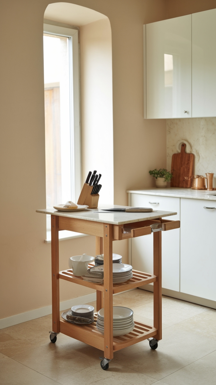 Chic Wooden Kitchen Island Enhances Compact Space