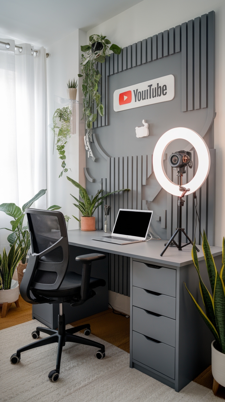 Stylish Content Creator Space with Sleek Desk and Warm Decor