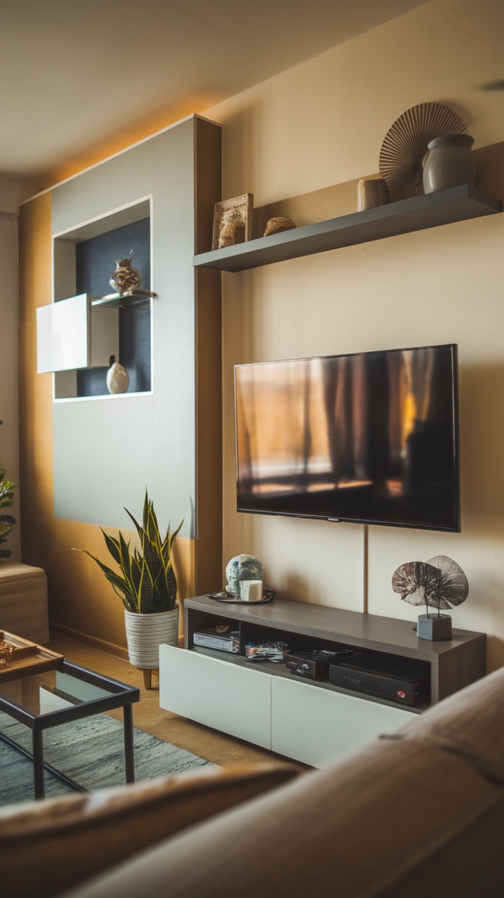 Warmly Lit Living Space with Practical Storage