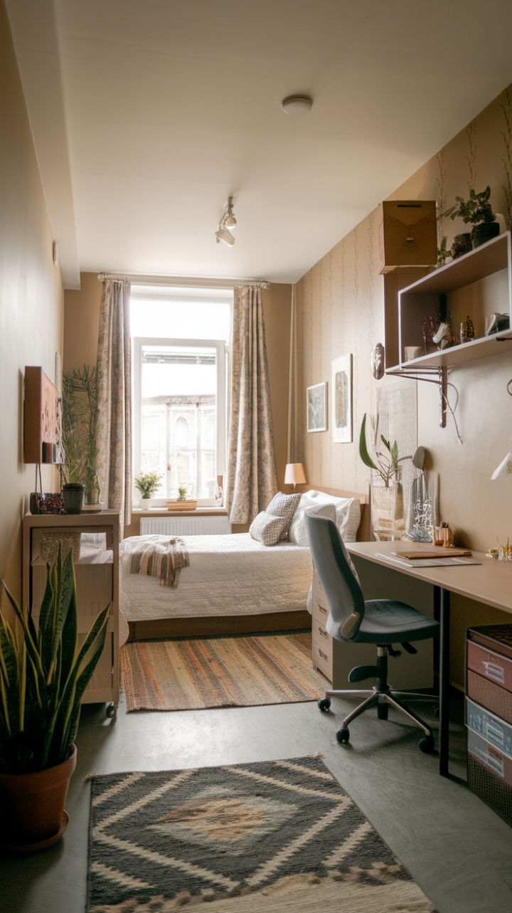 Cozy Studio Charm: Warm Beige Walls and Thoughtful Furnishings