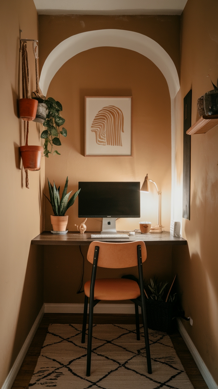 Charming Corner Workspace with Warm Hues and Green Touches