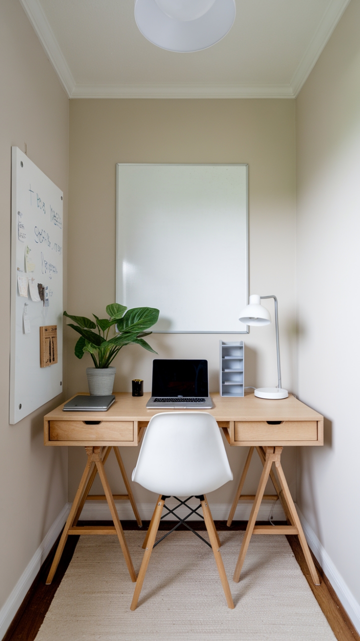 Elegant Corner Office with Wooden Desk and Green Accents
