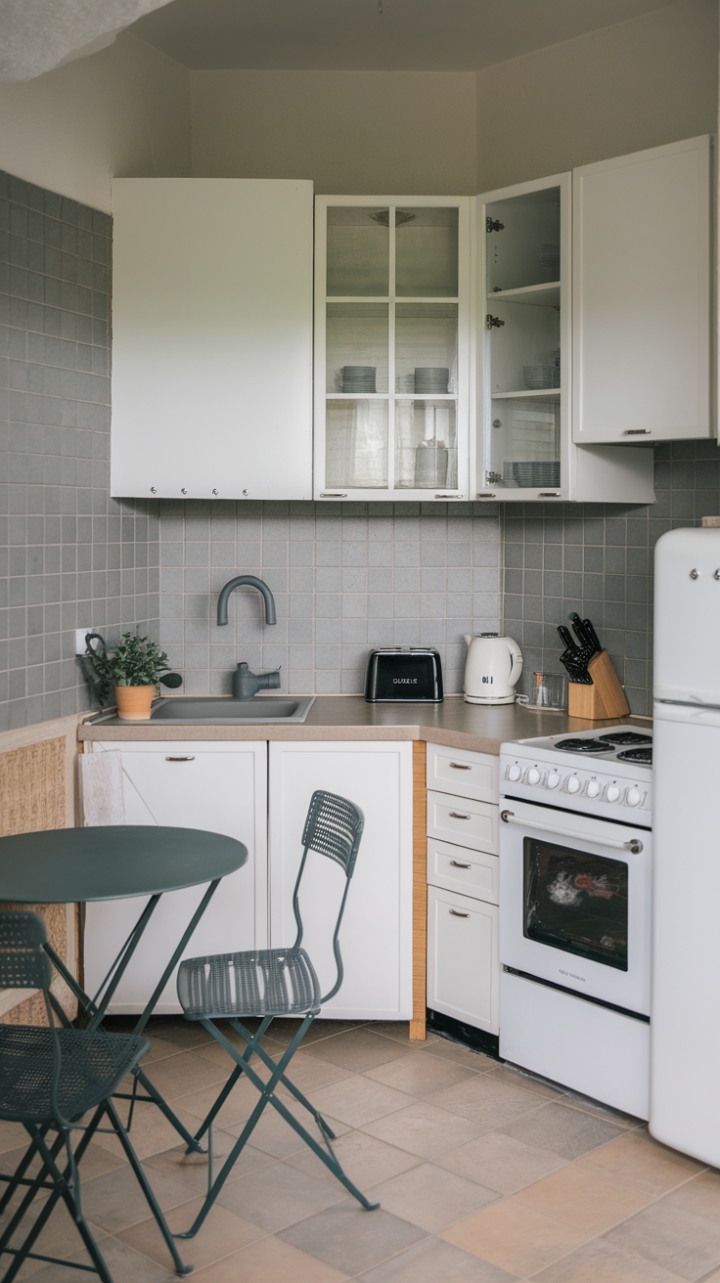 Cozy U-Shaped Kitchen Featuring White Cabinets and Subtle Grey Backsplash