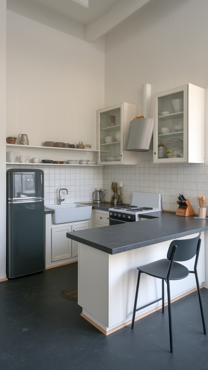 Efficient U-Shaped Kitchen with Bold Contrasts
