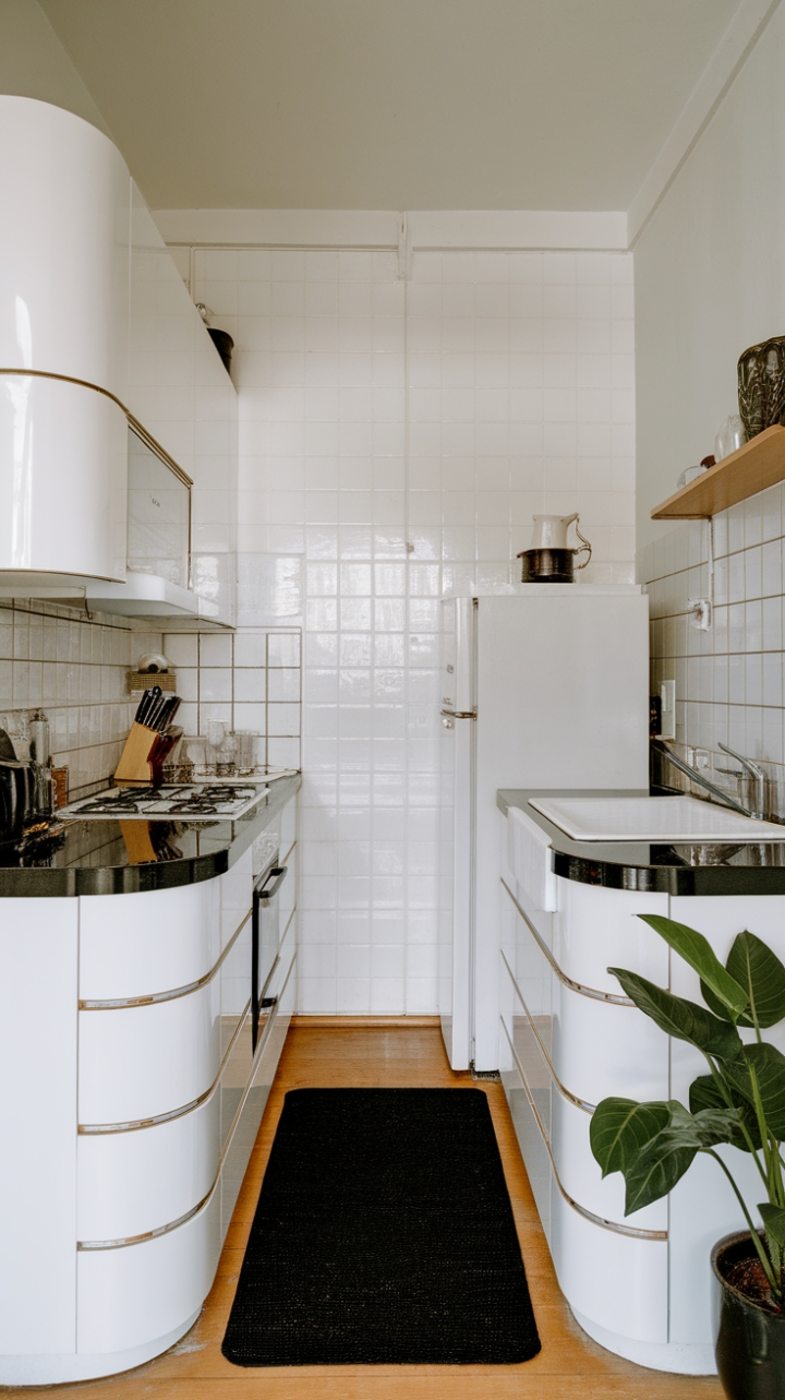 Elegant White Kitchen with Black Accents and Green Touch