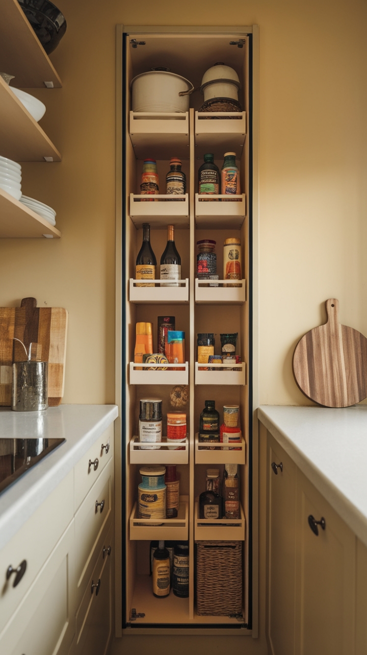 Narrow Space, Big Style: Compact Pantry with Warm Lighting