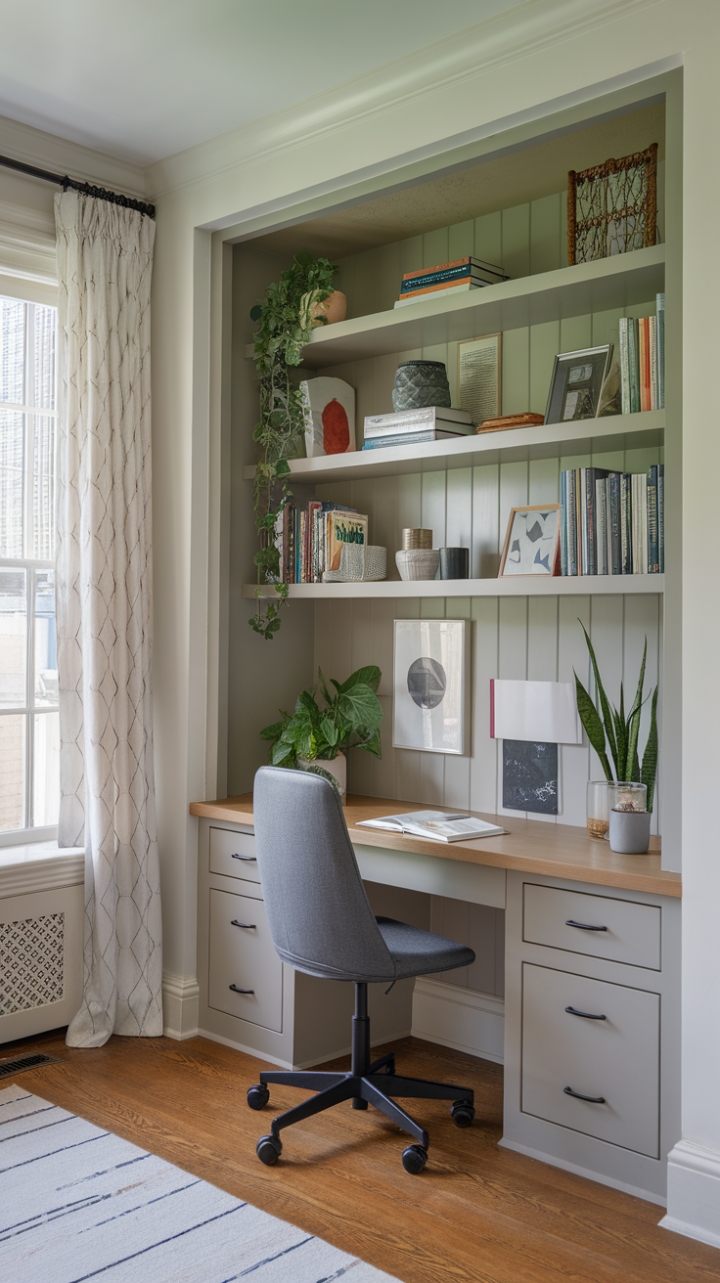 Warm and Functional Workspace with Hardwood Floors and Soft Window Treatments