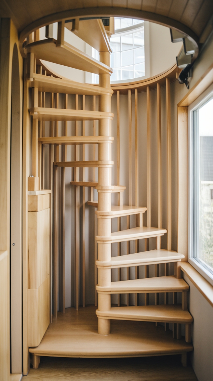 Compact Wooden Spiral Staircase for Tiny Homes