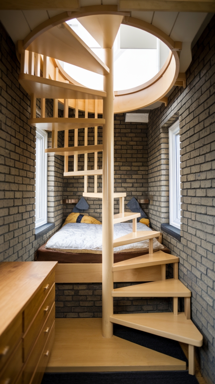 Cozy Tiny House Features Warm Wooden Spiral Staircase