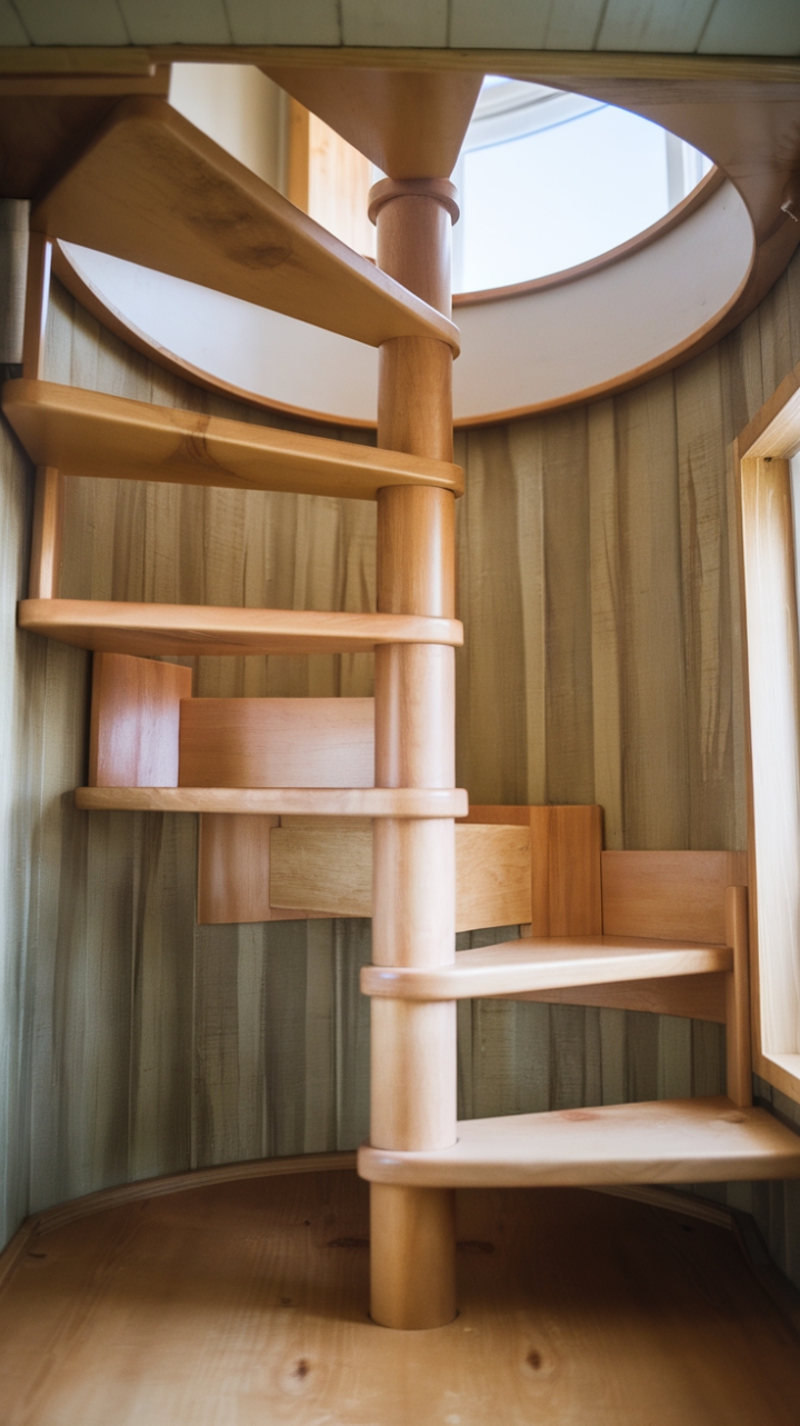 Rustic Wooden Spiral Staircase Enhances Tiny House Space