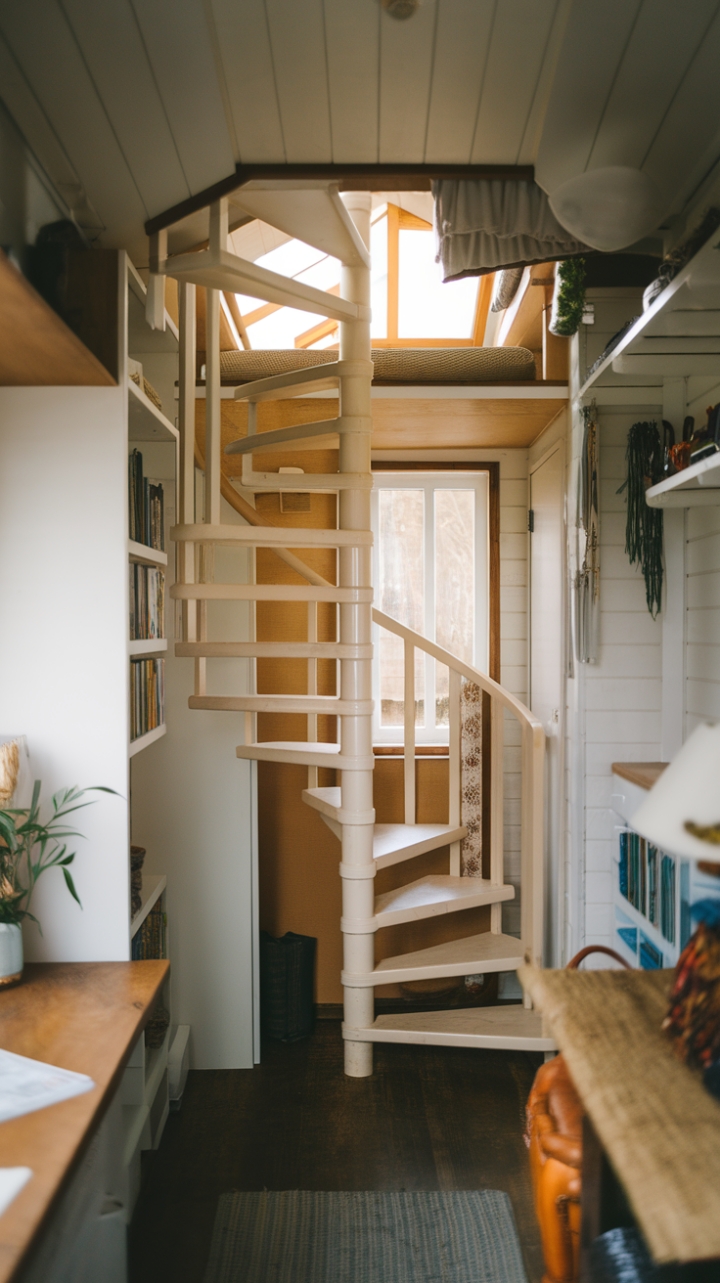 Space-Saving Tiny House with Cozy Loft and Wooden Spiral Staircase