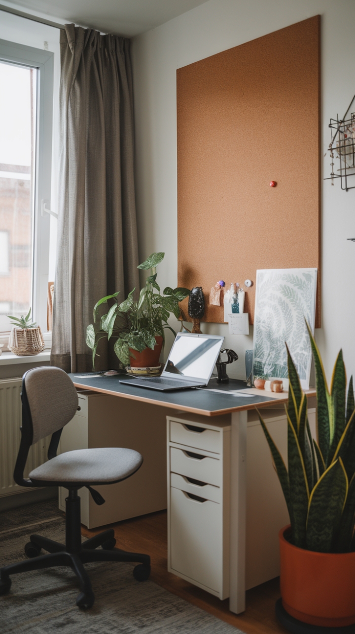 Smart & Stylish: Compact Home Office with Corkboard and Cozy Touches