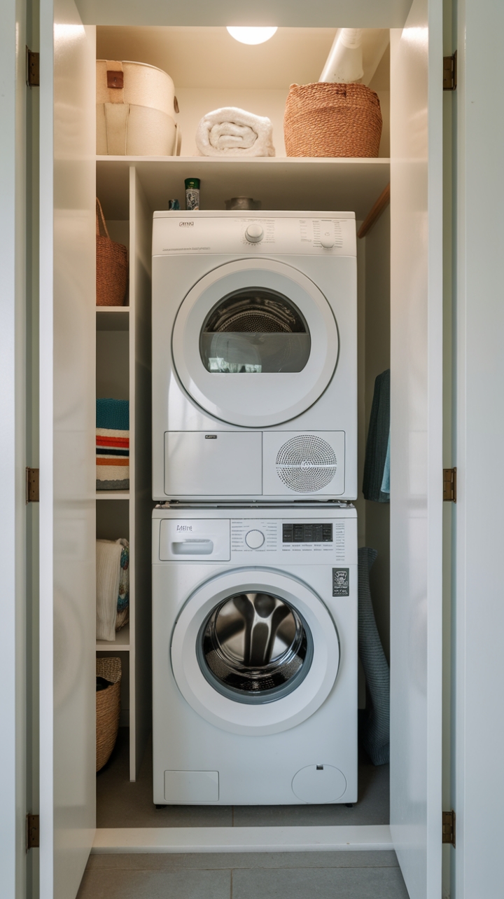 Efficient Narrow Laundry Nook with Stacked Washer and Dryer