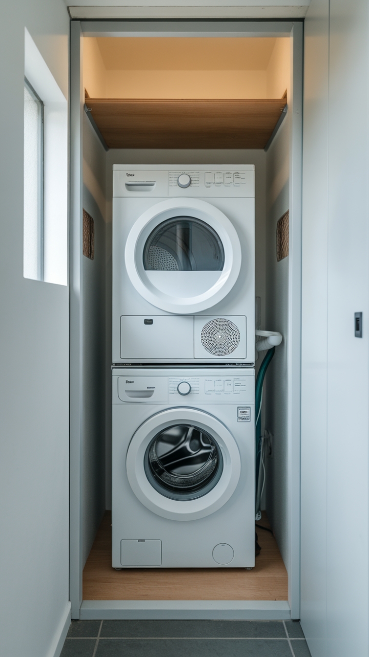 Efficient Laundry Solutions with Wooden Shelving and Bright Windows