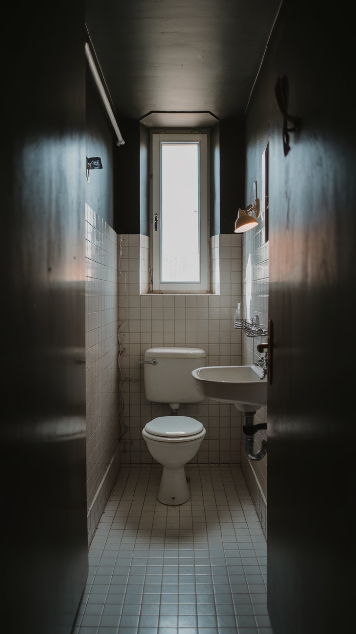 Stylish Compact Bathroom with Moody Walls and Efficient Design