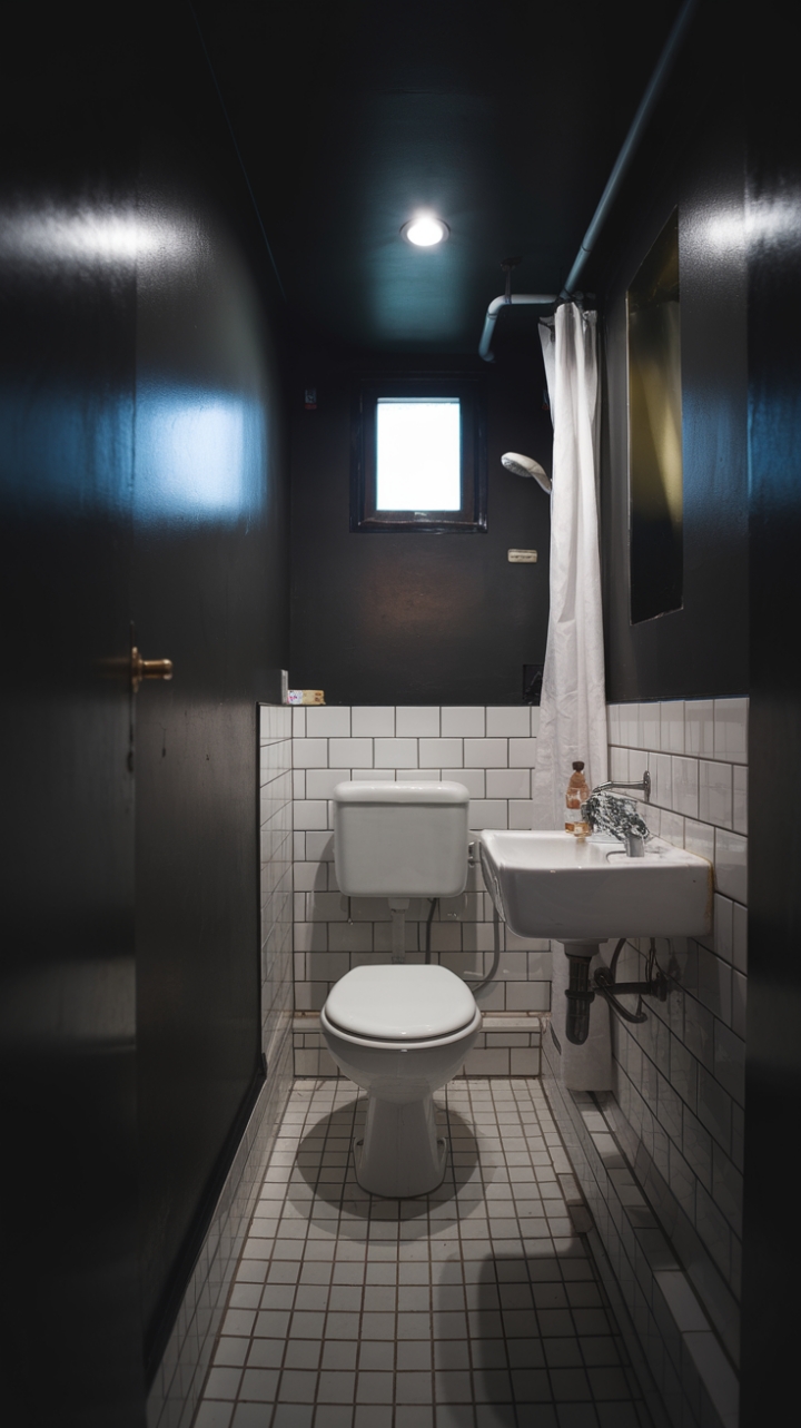 Cozy Compact Bathroom with White Accents and Dark Tones